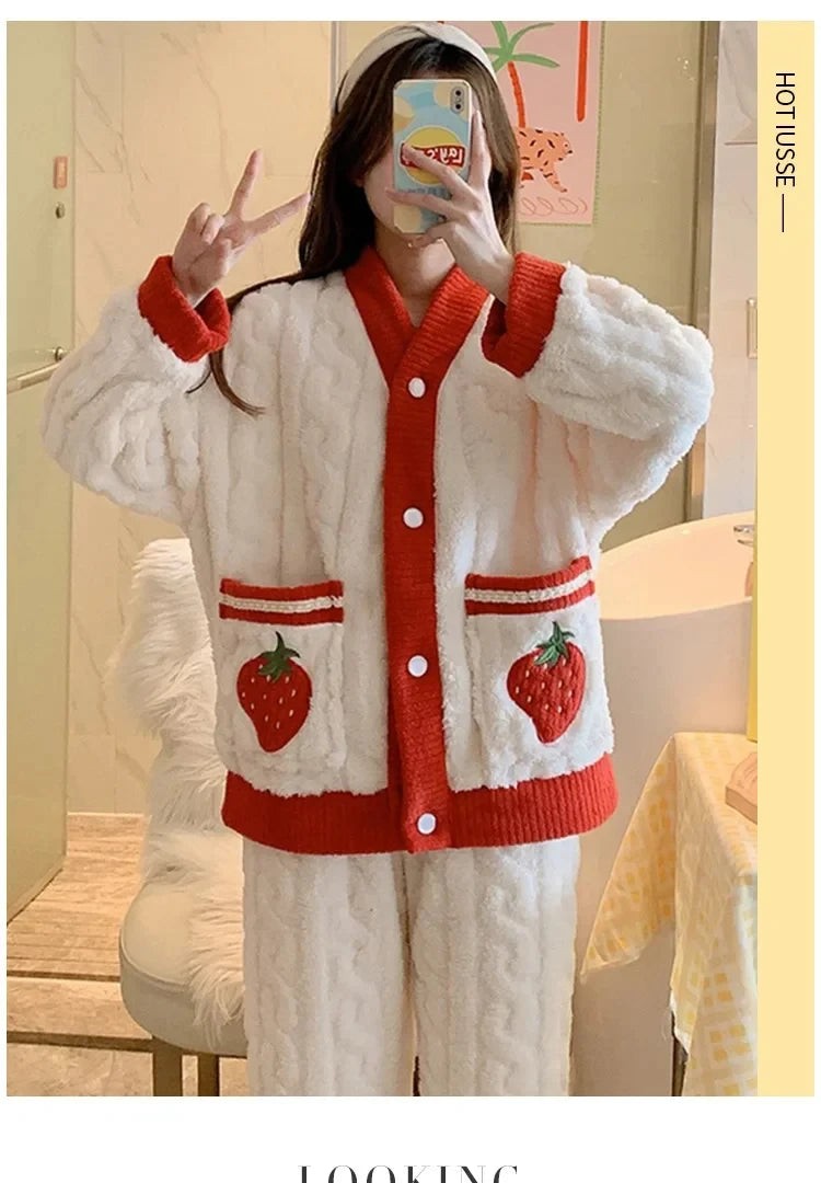 Pyjama épais en flanelle et velours corail fraise, vêtements de maison pour femmes, ensemble de vêtements de nuit à col en v, sa