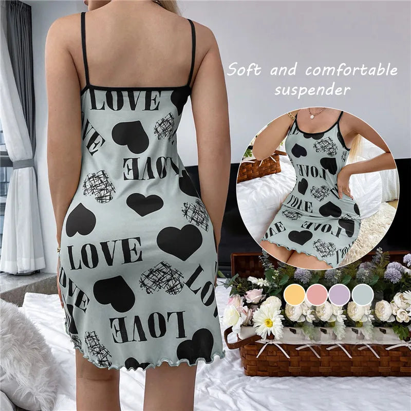Sexy Spaghetti Strap V-Neck Nightdress Women Nightie Summer Loose Cotton Nightgown Female Cute Print Sleep Dress Light Sleepwear
