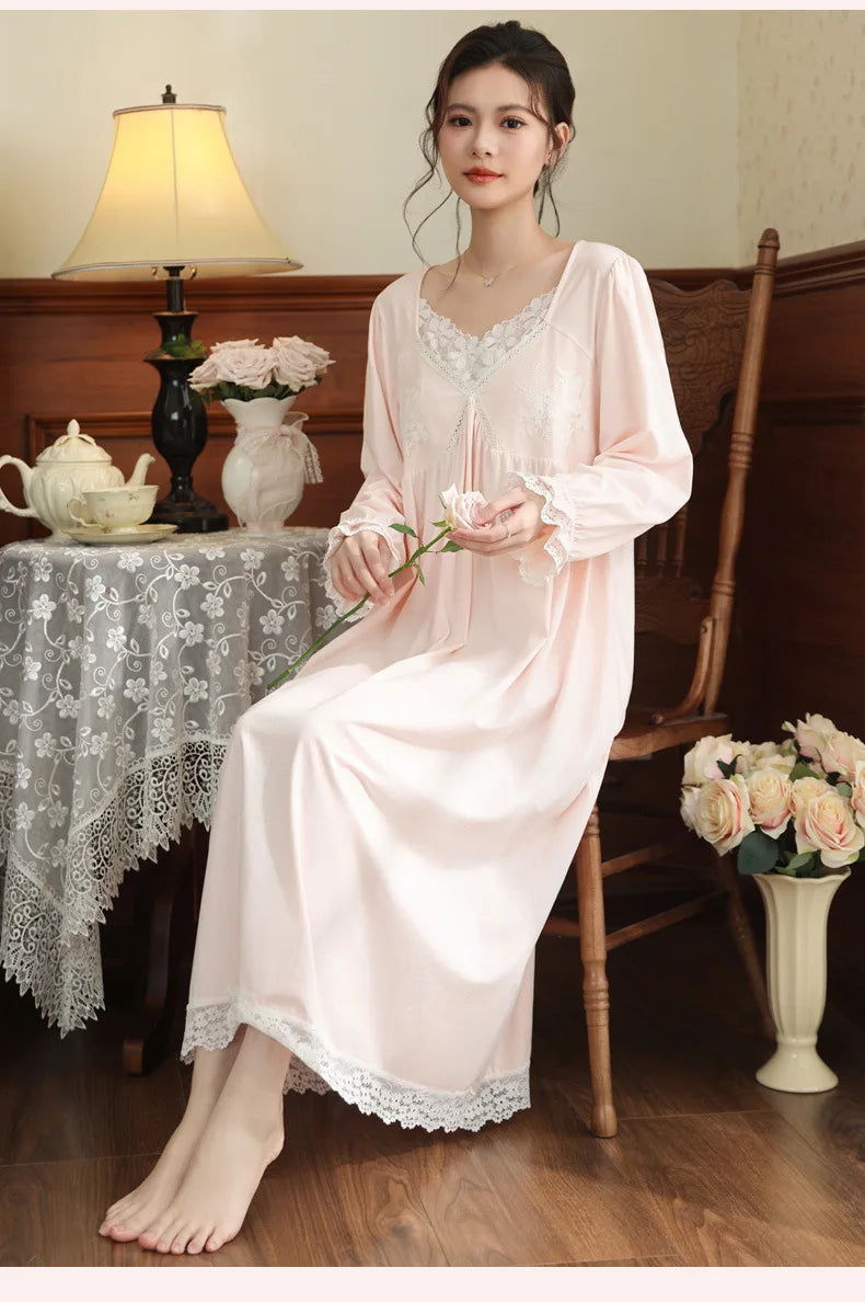Vintage Victorian Nightgown Women Lace Embroidered Palace Style Princess Sleep Dress Cotton Soft Romantic French Loungewear