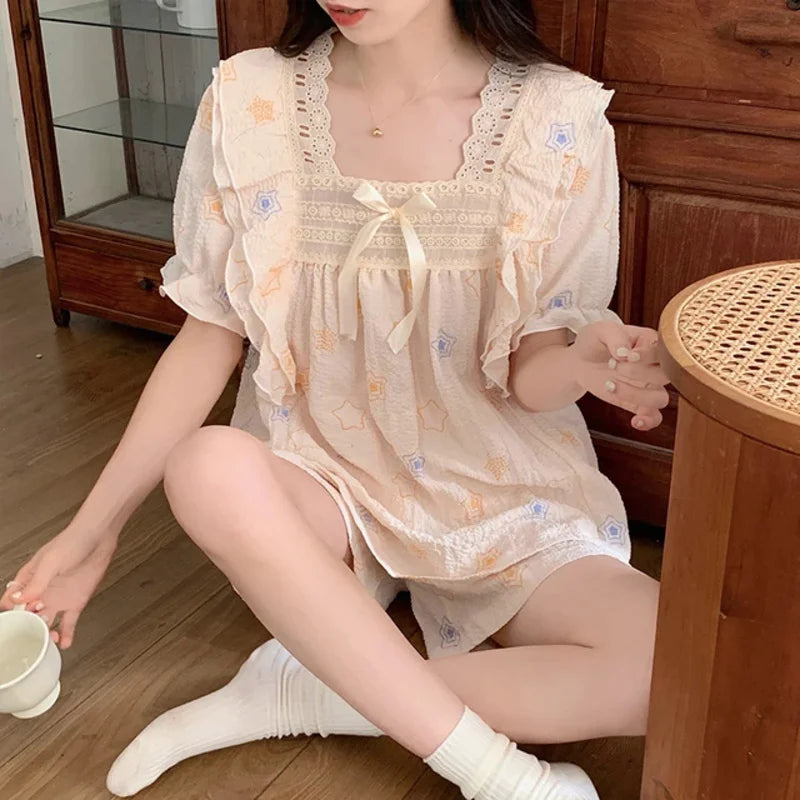 Women's Summer Floral Animal Print Short Sleeve Pajama Set  Cute Cartoon 2-Piece Pajamas Square Collar Kawaii Nightwear