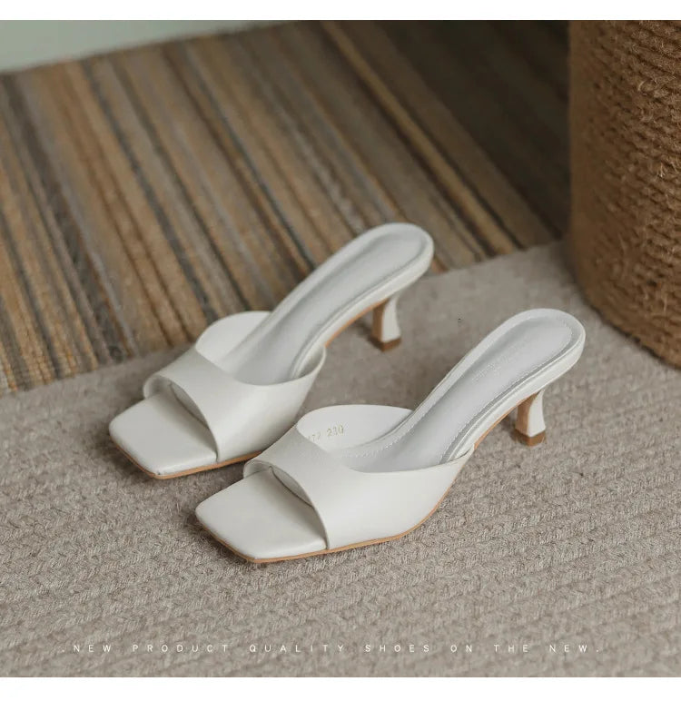 Genuine Leather French Slim Heel Slippers for Women's Summer New Fashionable Sandals Women Sweet Round Toe Slipper Ladies Shoes