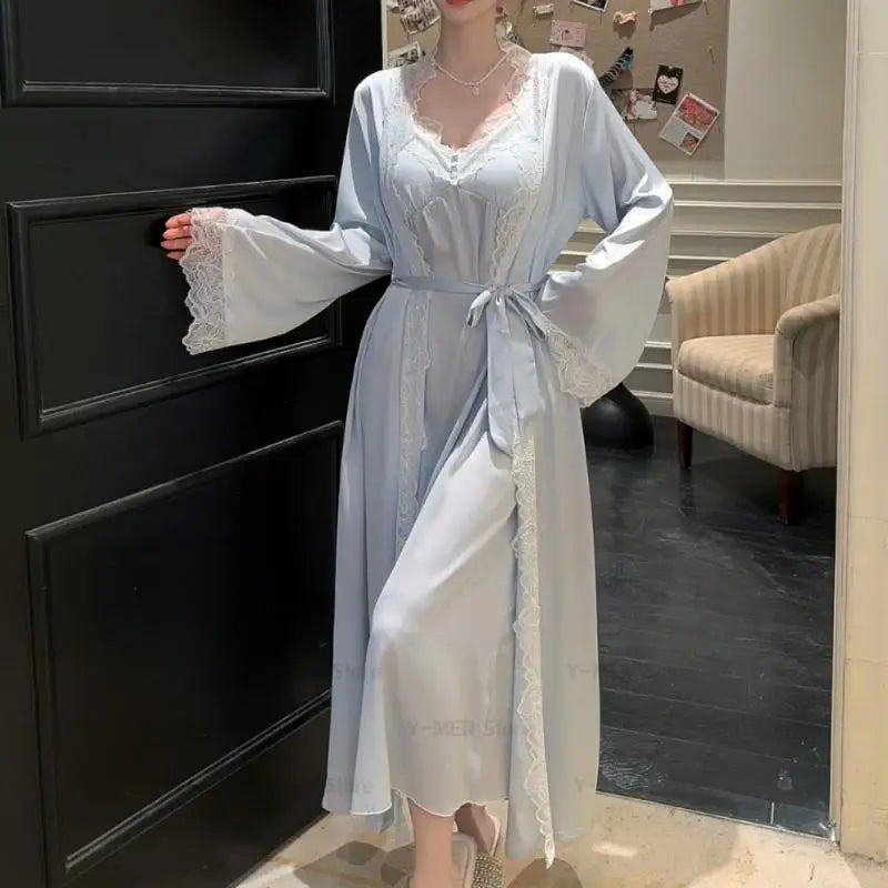 2025New Long Sweet Blue Robe Set Women Elegant Bathrobe Rayon Kimono Sexy Lace Floral Home Dressing Gown Princess Loungewear