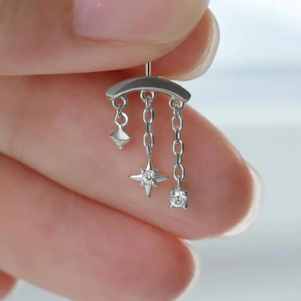 CANNER 1PC 925 Sterling Silver Eight-pointed Star CZ Piercing Earring For Women Ins Tassel Chain Stud Earring Party Fine Jewelry