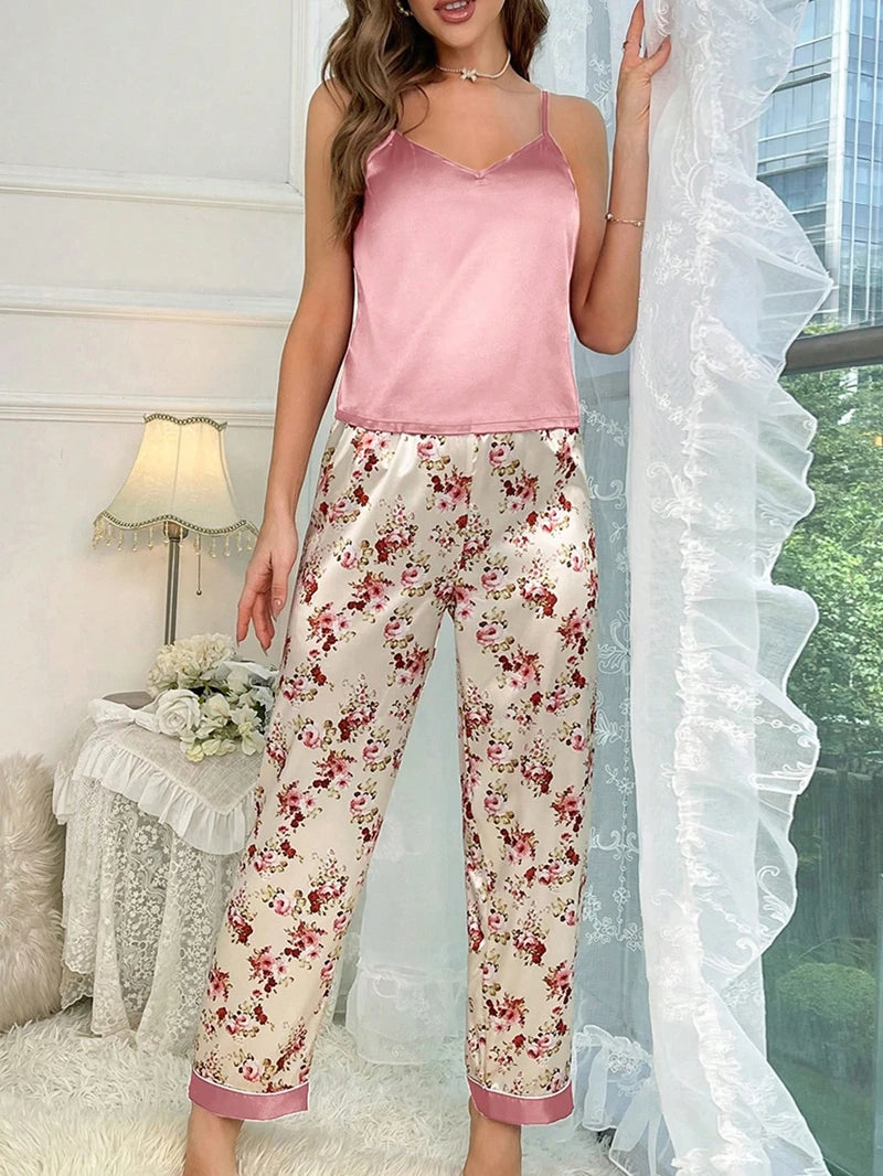Sexy Floral Print Satin Pajama Set For Women Satin Sleeveless V-Neck Slip Cami Top And Long Pants For Fall Fit Silky Sleepwear