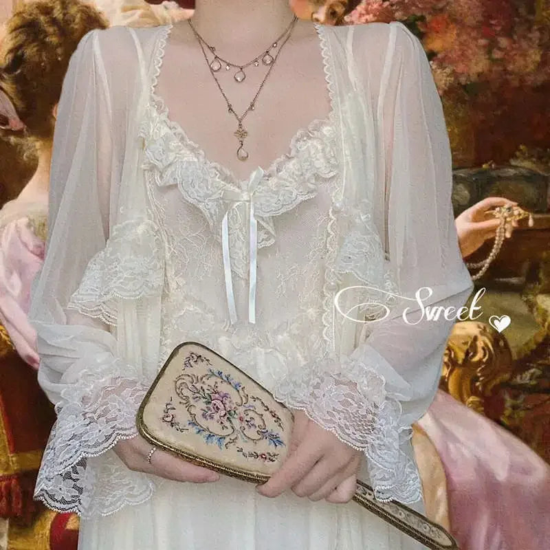 Vintage Female Court Style Thin Tulle Robe/Nightdress Ladies Princess Nightgowns Fairytale Pajamas Sleepwear Women's Clothing