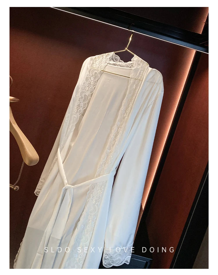 Wedding Bridal Bathrobe Big Lace Flower Nightie Wear Women Satin Kimono Long Loose Peignior Spring Autumn New Intimate Lingerie