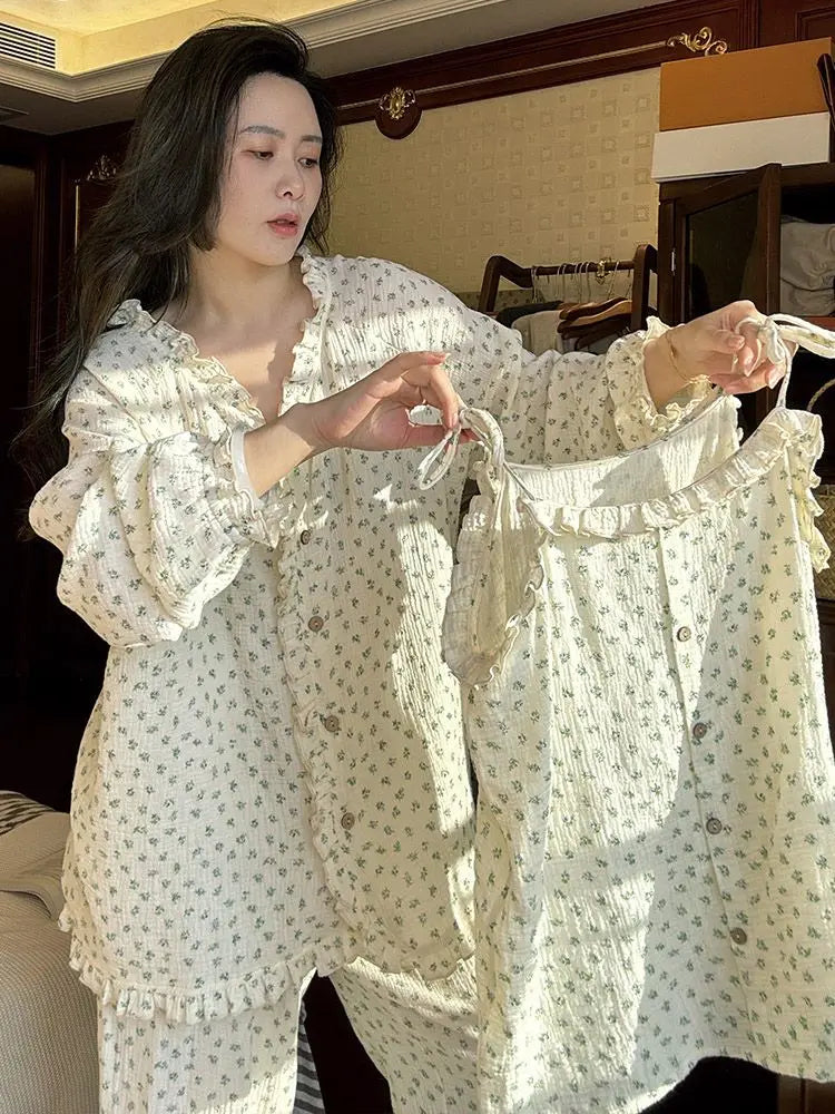 Spring Autumn Women Cotton Pajamas Sets Floral Printed 3Pcs Home Clothing Long Sleeves Spaggehtti Straps Long Pants Loungewear