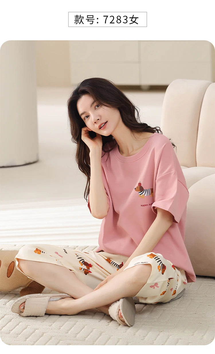 MiiOW 2Pcs Summer Women's Pajamas Set Cotton Short Sleeve Woman Homewear Cute Pink Patchwork Print Girls Pajamas Woman Sleepwear