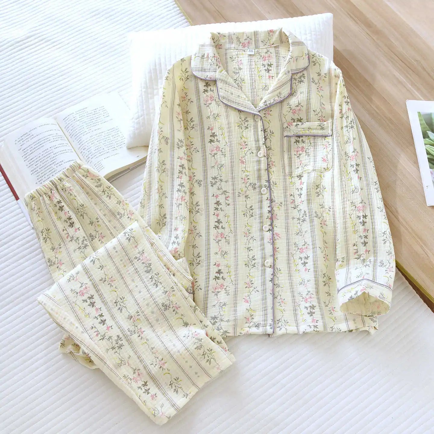 New large size pajamas women cotton crepe home service cotton long sleeve trousers suit simple and comfortable summer and autumn