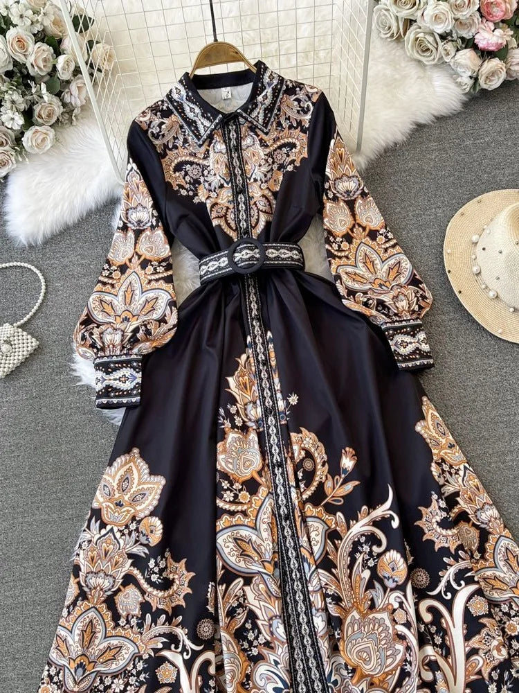 Elegant Vintage Court Style Long Sleeve Collared Slim Fit Print Shirt Dress Knitted Fabric Midi Skirt Length Button Detail
