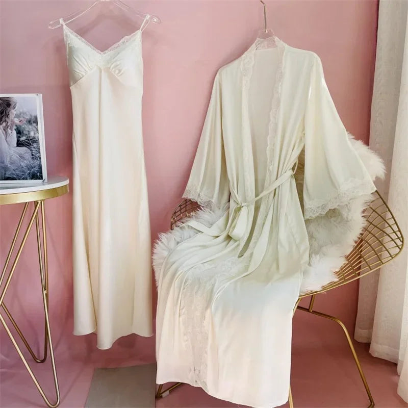 New Female Long Robe Nightgown Set Sexy Lace Trim Sleepwear Suspender Nightdress Spring Summer Casual Satin Home Dress Bathrobe