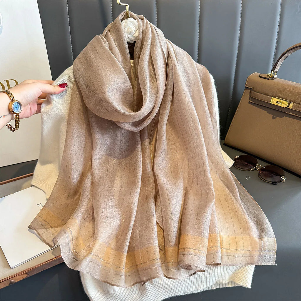 Luxury Long Scarf For Women Elegant Hijab For Travel Beach Soft Stain Neckerchief Shawl Solid Color Imitation Silk Scarves