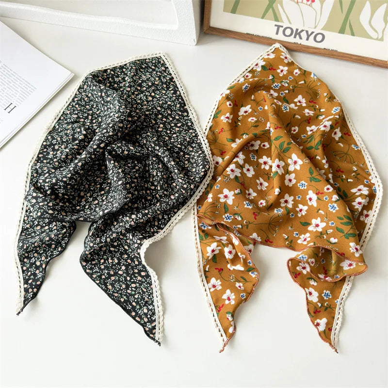 Stylish Chiffon Fabric Floral Lace Triangular Scarf for Spring and Summer Women's Headscarf and Hair Accessories for Photography