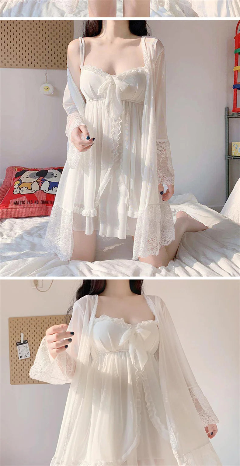 Elegant Sweet Simple Solid White Women Robe Gown Sets Chic Lace Bow Mesh  Sleepwear Breathable Slim Nightdress