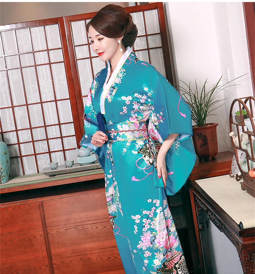 Traditional Japanese Satin Kimono Bathrobe With Obi Women Floral Print Nightgown Yukata Novelty Gown Bridal Homewear Sleepwear