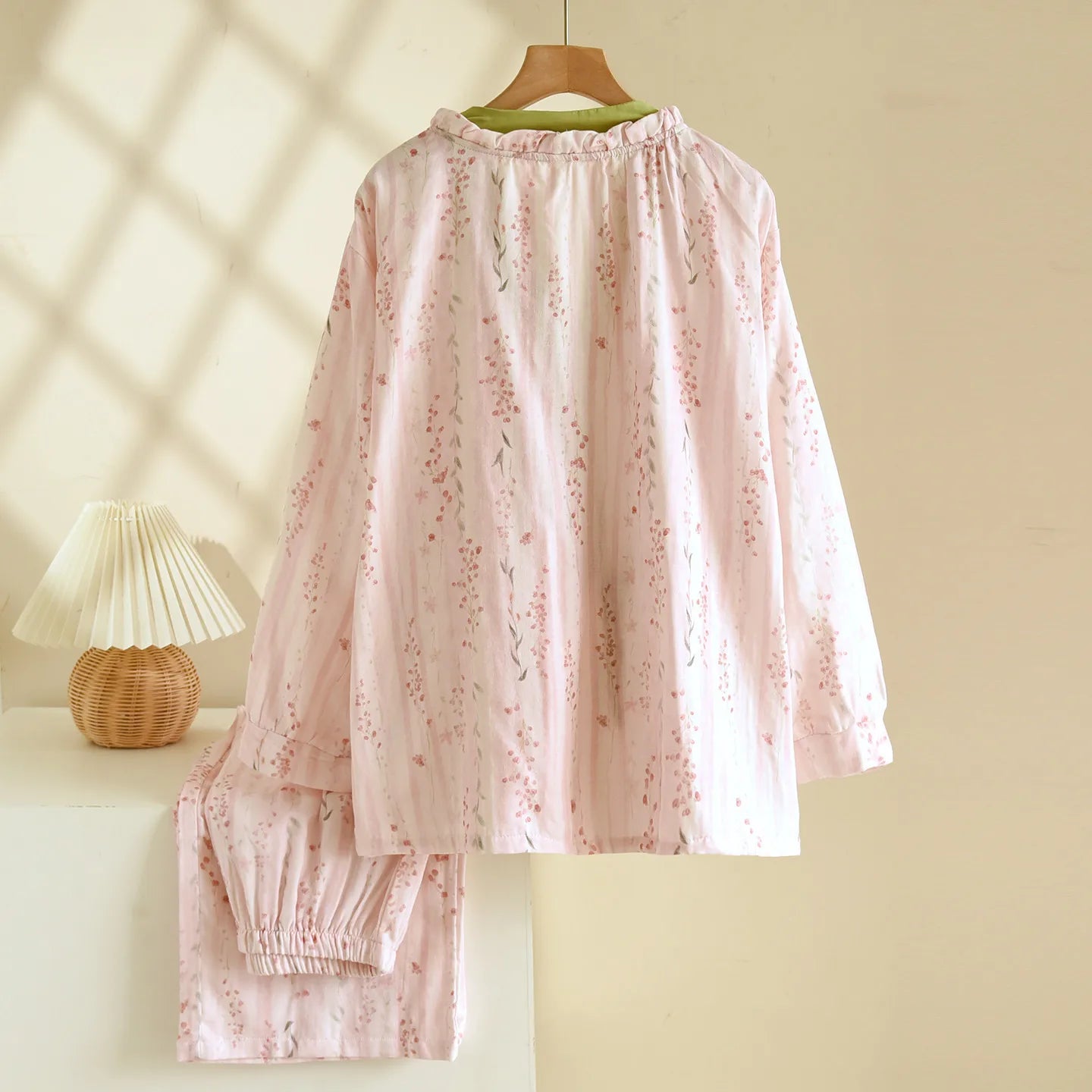 Japanese Kimono Style Pajama Set Women Ruffle V Neck 100% Cotton Crepe Loungewear Breathable Floral Sleepwear for Spring