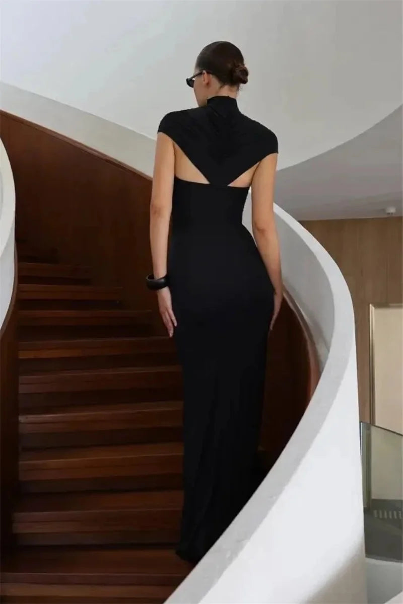 Mozision Turtleneck Short Sleeve Sexy Maxi Dress Women Elegant Draped Ruched Evening Club Party Long Dresses Female Clothes