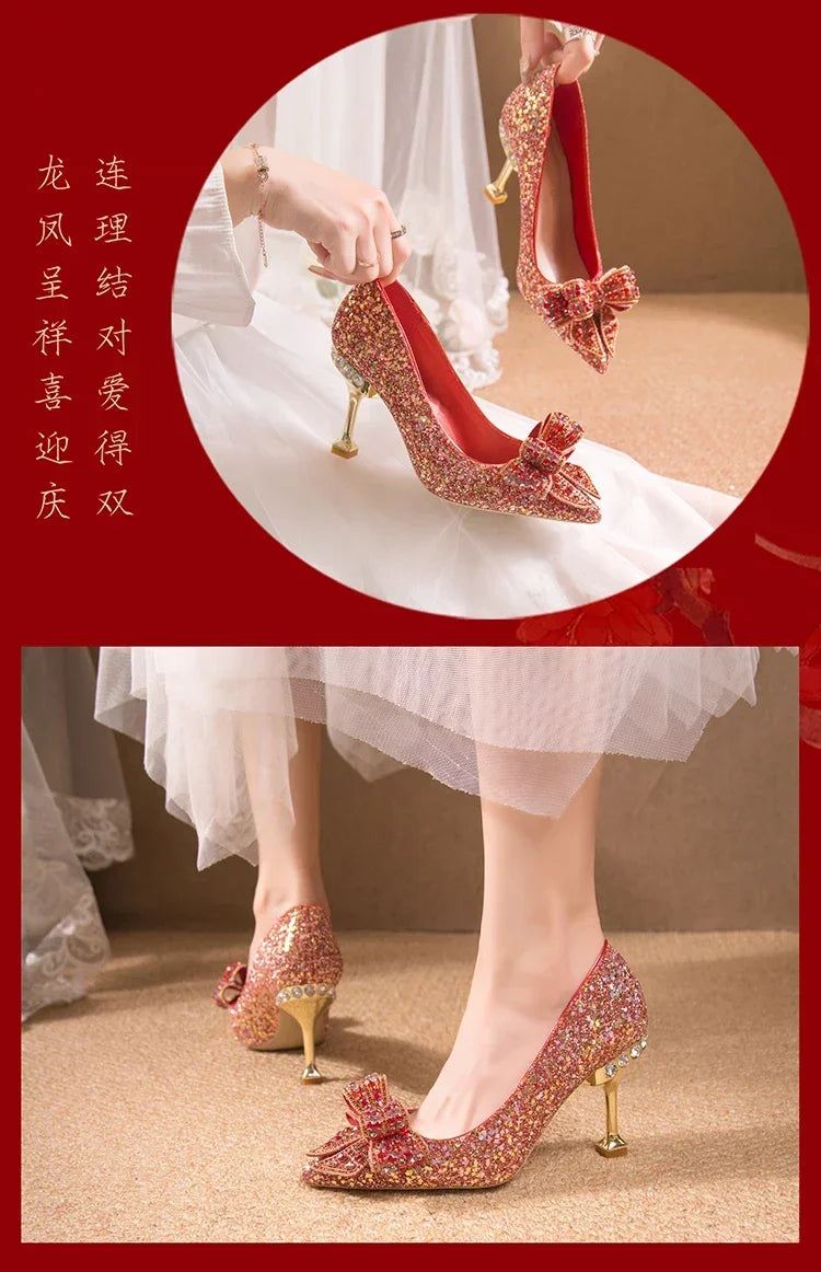 New  Women's Rhinestone Wedding Shoes Year Shoes Luxury Buckle Decorative Banquet Women's Shoes High Heels Gold Silver Red