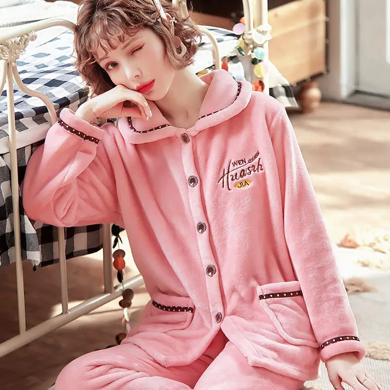 Winter Pajama Sets Women Single Breasted Tops Ankle Length Pants Thicker Cozy Nightwear Flannel Floral Warm Lounge Trendy Casual