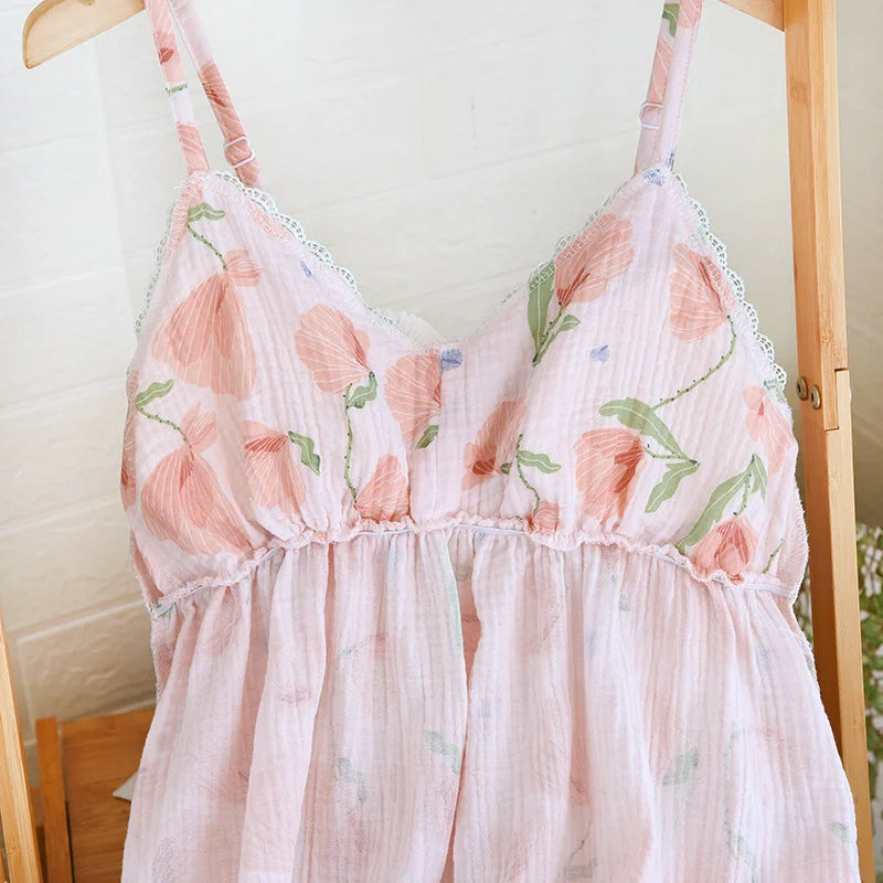 2026 New Summer Women's Pajama Set 100% Cotton Suspenders+Shorts with Chest Pads Two Piece Set of Ladies Flower Home Furnishings