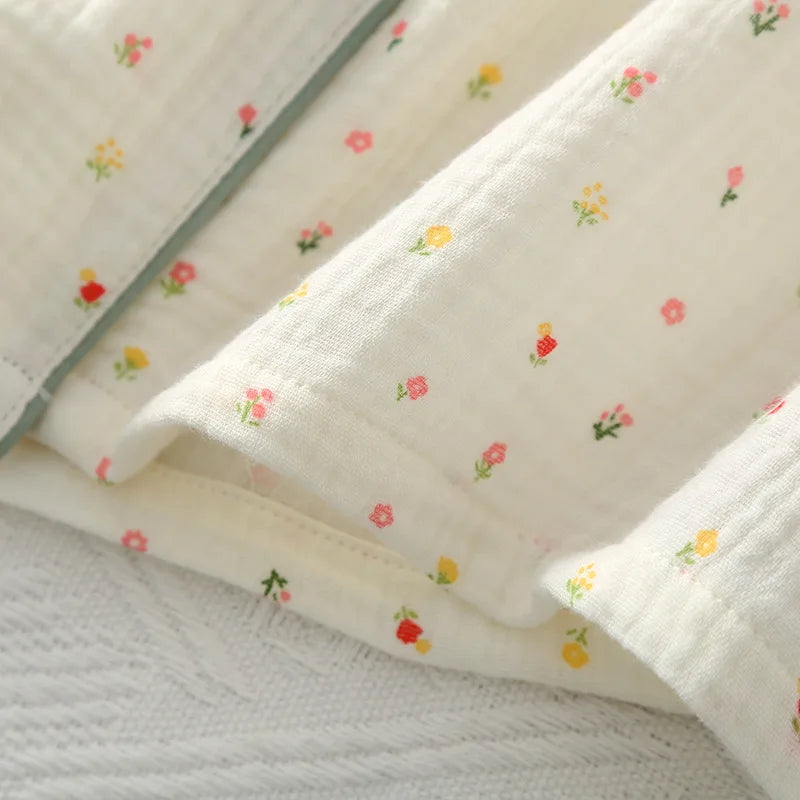 Pajamas pure cotton three-piece set spring and summer thin crepe autumn gauze lapel short-sleeved trousers shorts loungewear set