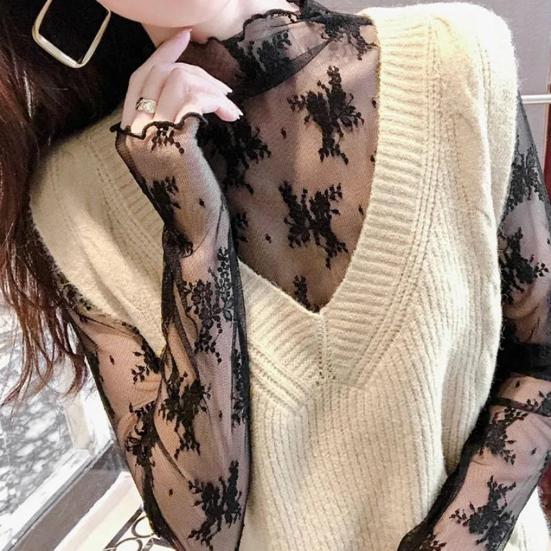 Sexy Floral Lace and Mesh Ruffle Nightgown Woman Sleep Tops Nightie Turtleneck Mesh Layering Top Y2k Floral Tee Shirts Blouse