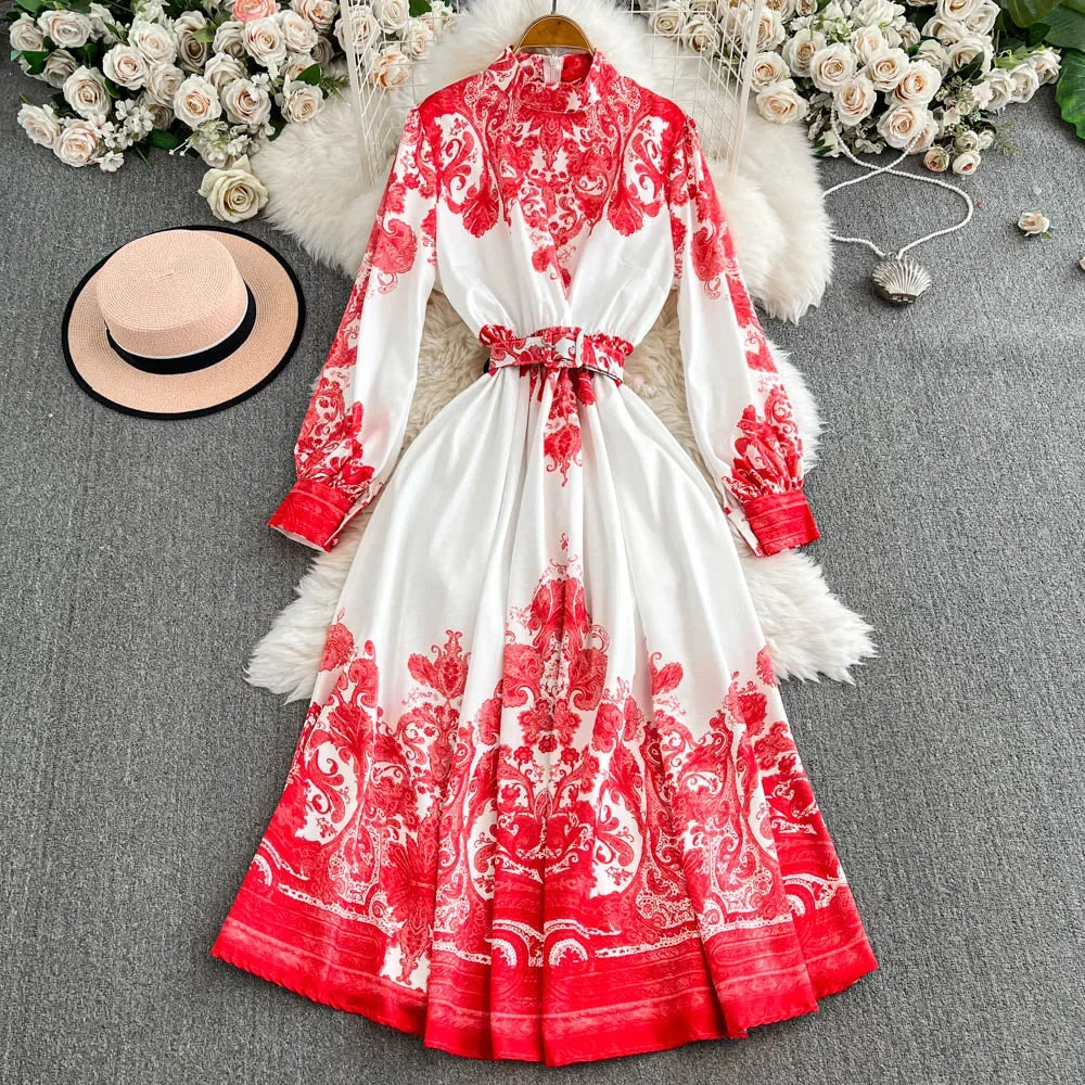 Spring Autumn Retro Palace Style Dress New French Printed Lantern Sleeve Stand Collar A-line Long Dress Femade C110