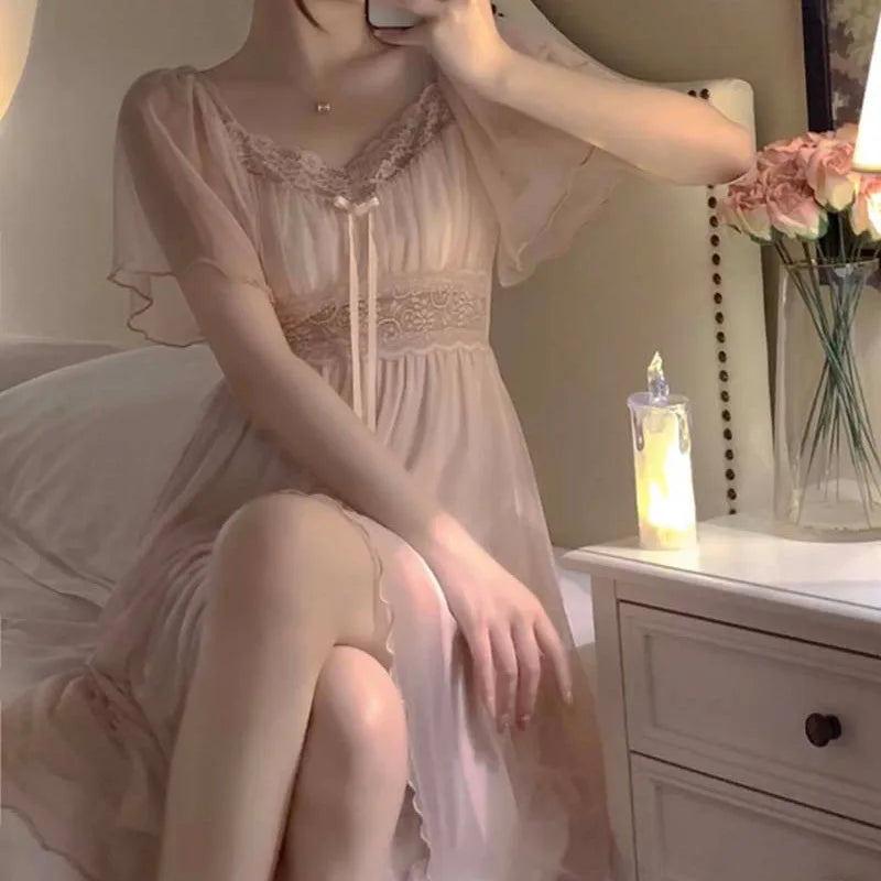 Spring Nightdress Women  Lace Sweet Nightgown Home Dress Pajamas Summer Girl Princess Style Soft Sleepwear Nightwear Outwear