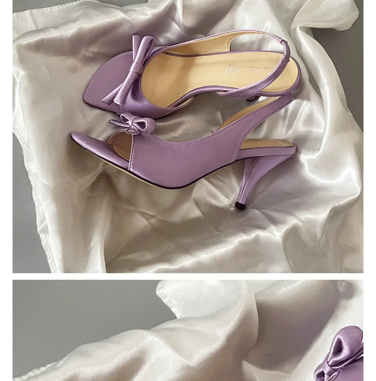 Lilac Purple Women's Fashion Sandals Backless Knot Toe Exposure Silk Satin High Heels Elegant Lady Style Shoes Increased Height