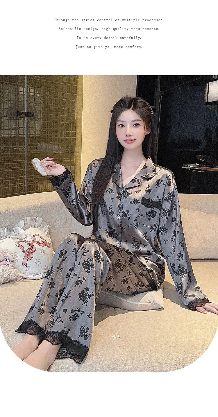Spring New Women's Long Sleeved Ice Silk Sleepwear Home Suit Set with Floral Lace Loose Sleepwear Home Suit Long Sleeved Set