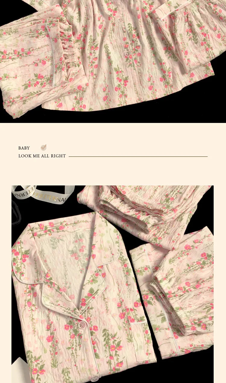 Spring/Summer Sweet & Cute Floral Cotton Pyjamas for Girls Three-Piece Homewear Set Student Casual Sleepwear Homewear Ensemble