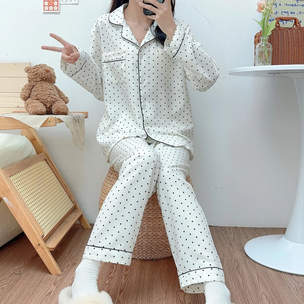 New Arrival: Korean-Style Spring/Fall Cherry Blossom Bubble-Cotton Pajamas for Women - Long-Sleeve Top & Long Pants Homewear
