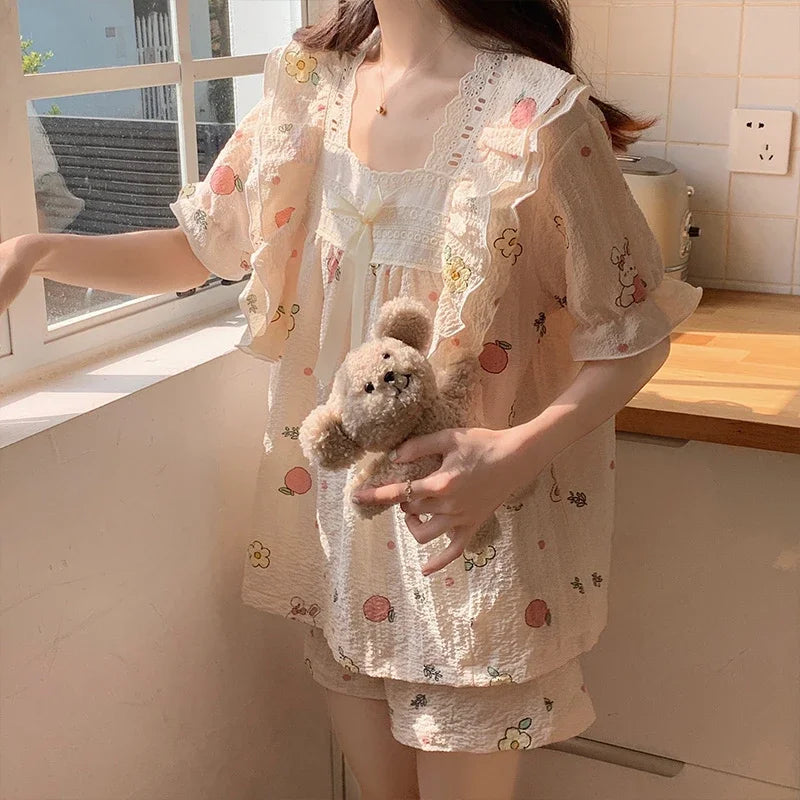 Women's Summer Floral Animal Print Short Sleeve Pajama Set  Cute Cartoon 2-Piece Pajamas Square Collar Kawaii Nightwear