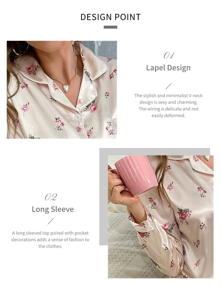Pajamas For Women's Floral Print Long-Sleeved Sleepwear Button Down 2 Piece Soft Loungewear Pjs Set Pajama Pants Homewear