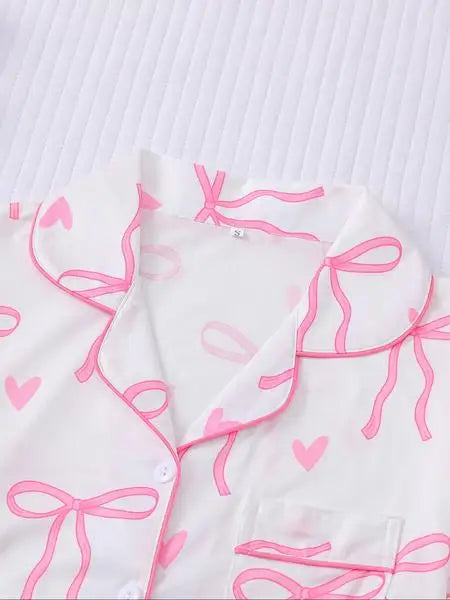 Women's Bow Print Pajama Set, Casual Shirt Collar Soft Top & Elastic Shorts, Comfortable Home Wear for All Seasons