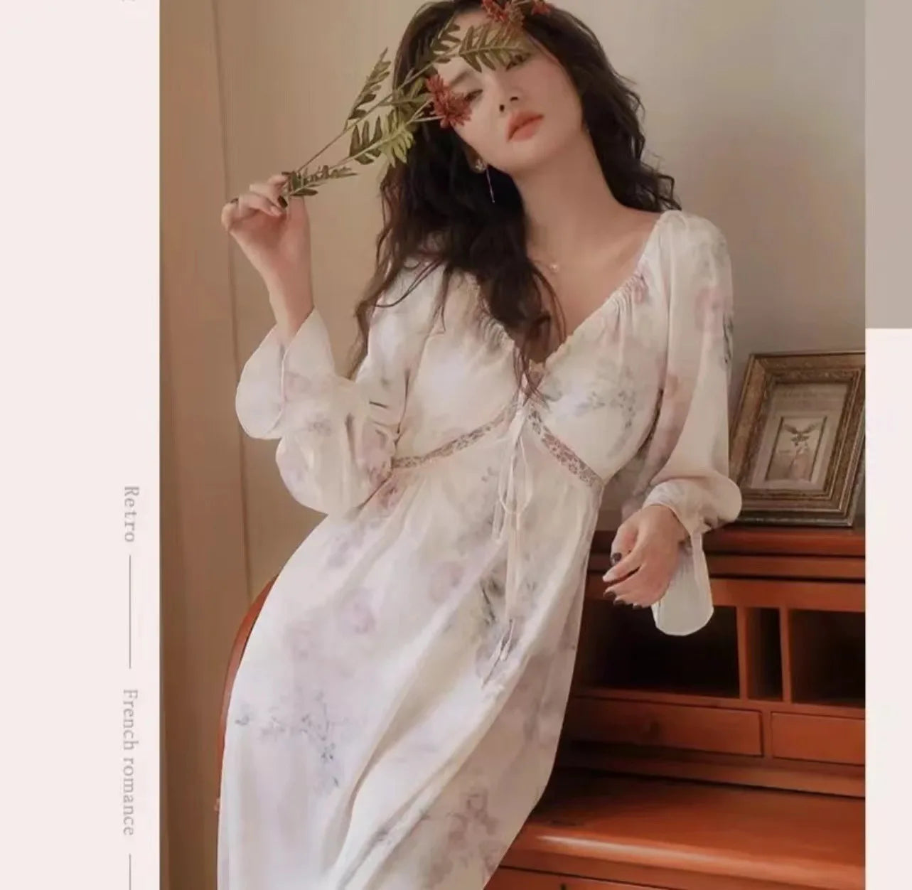 Floral Print Women Nightgown Summer Lace Patchwork Ice Silk Ladies Night Dress Long Sleeve Sexy Lace Up Nightdress for Female