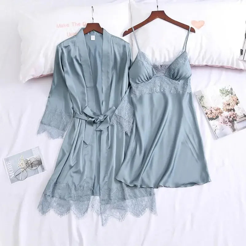2PCS Pajamas Set White Women V-Neck Sleepwear M-XL Lace Kimono Sexy Nightshirts Flower Nightwear Robe Gown Sleep Suit Nightgown
