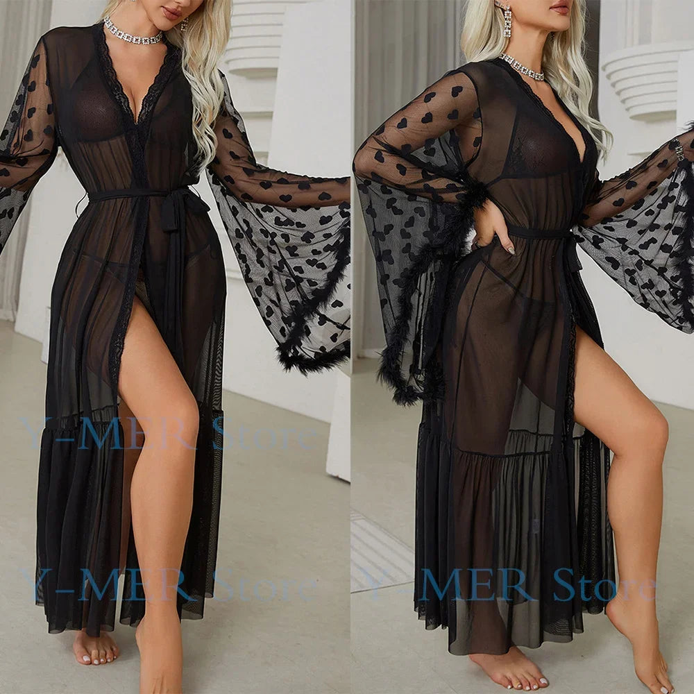 Sexy Bride Wedding Dress Soft Mesh Lace Flower Robe Long Kimono Nightwear Loose Bathrobe Feather Trim Big Sleeve Nightgown