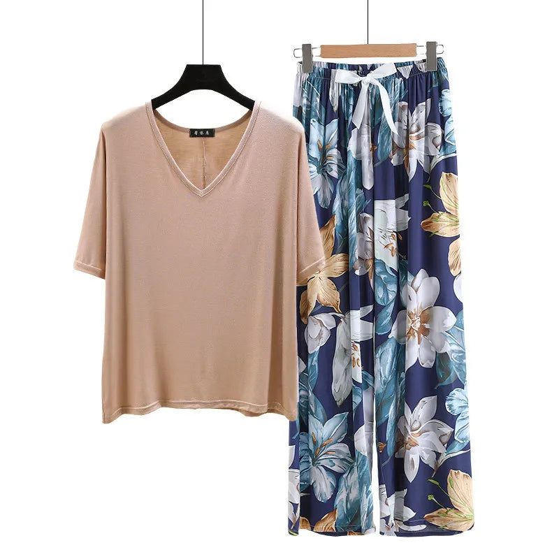 V Neck Tshirt with Poplin Floral wide leg pants summer cool pajamas sets Loose casual homewear suit Rayon Loungewear all match