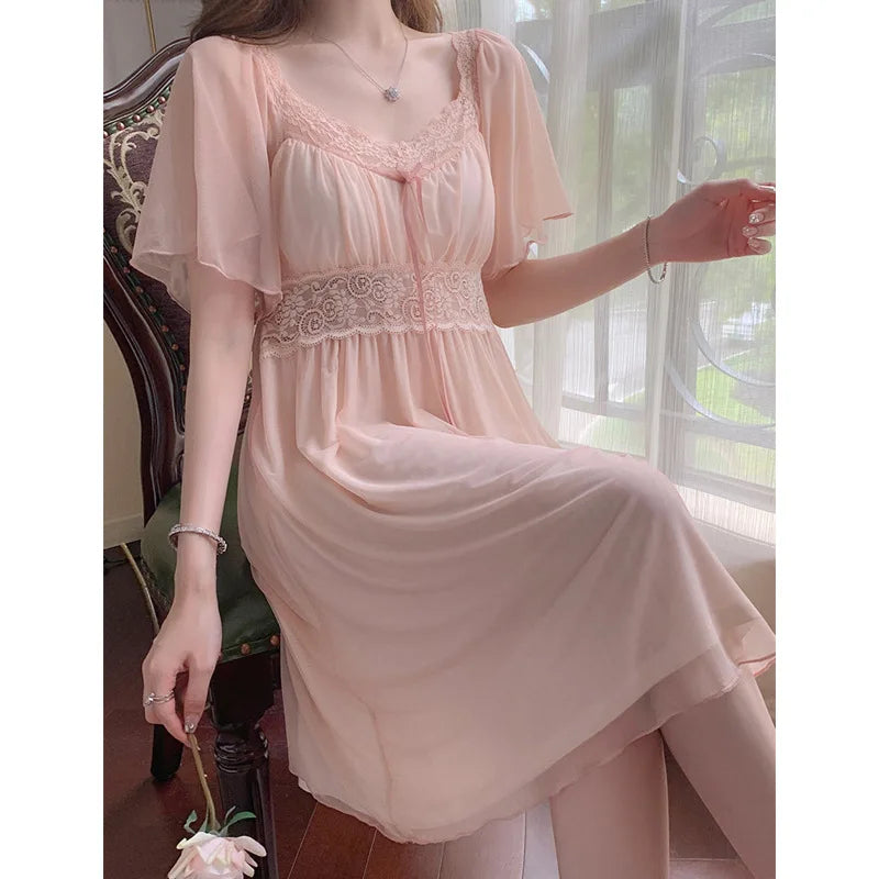 Spring Nightdress Women  Lace Sweet Nightgown Home Dress Pajamas Summer Girl Princess Style Soft Sleepwear Nightwear Outwear