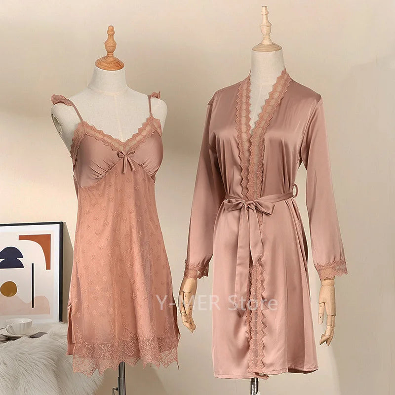 Bride Wedding Dress Set Dot Lace Flower Nightgown Lady White 2Pcs Nighty&dress Suit Sleepwear Satin Loungewear Kimono Bathrobe