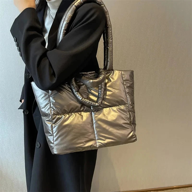 Designer Puffy Shoulder Bag Women Quilted Space Down Feather Padded Cotton Handbag Winter Large Capacity Warm Shopping Purse