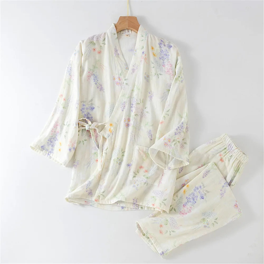Autumn Sleepwear Women's Cotton Kimono Pants Print Floral Pajamas for Women 2 Pieces Outfit Loungewear