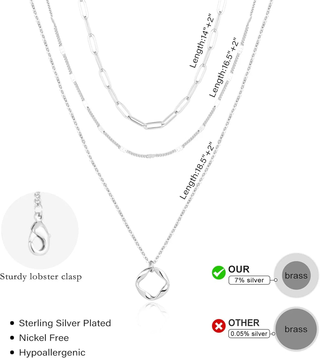 Layered 14K Gold Plated Necklaces for Women Stackable Silver Plated Circle Paperclip Chain Pendant Choker Necklace Set For Woman