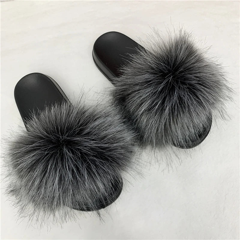 Ladies Fluffy Slippers Summer Women Faux Fur Soft Slides Stylish Open Toe Sandals Outdoor Indoor Furry Comfortable Beach Shoes