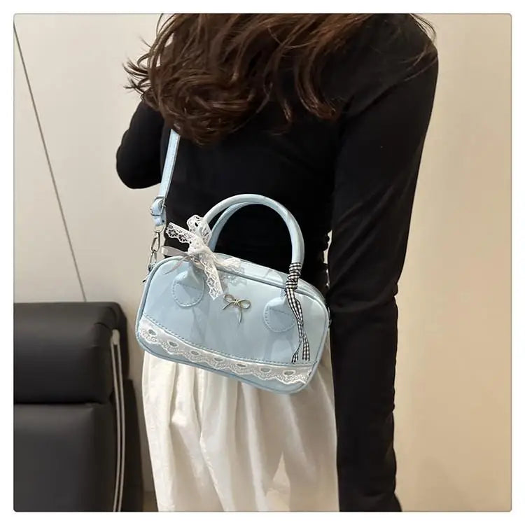 Simple Elegant Handbag Boston Shoulder bag Lace Ribbon Bow Decor Crossbody Bag Small Square Bag Casual Women Bags ﻿