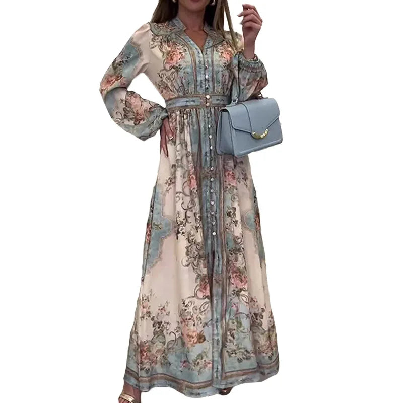 Womens Boho Floral Print Long Sleeve V Neck Button Front Belted Maxi Dress Casual Summer Beach Vacation Long Dress