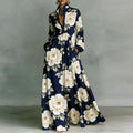 Retro Pattern Print High Waist Pleated Dress Woman Spring Shirt Collar Button Pockets Maxi Dress Long Sleeve Boho Vacation Dress