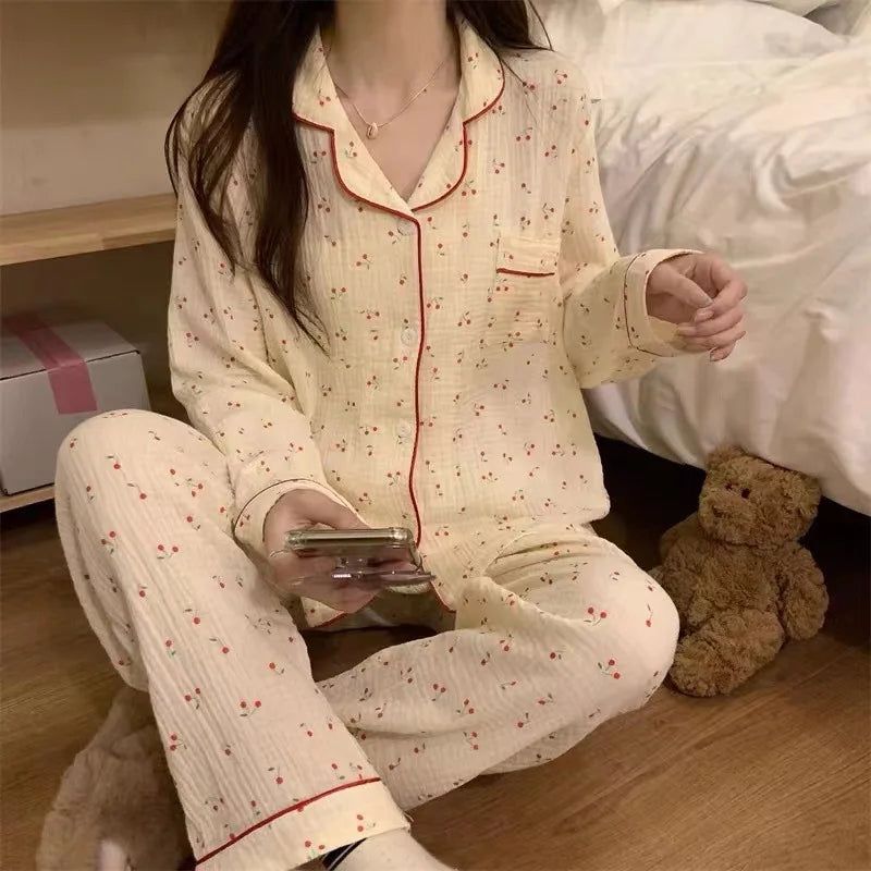 New Arrival: Korean-Style Spring/Fall Cherry Blossom Bubble-Cotton Pajamas for Women - Long-Sleeve Top & Long Pants Homewear