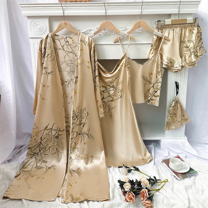 Elegant Print Flower Pajamas 5 Piece Set Women Casual Kimono Bathrobe Gown Sexy Silky Rayon Nightgown Loose Home Clothes